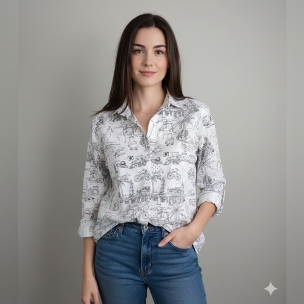 Chico’s Size 0 Small White Eyelet Black Vacation Drawing Print Shirt Top 4 6